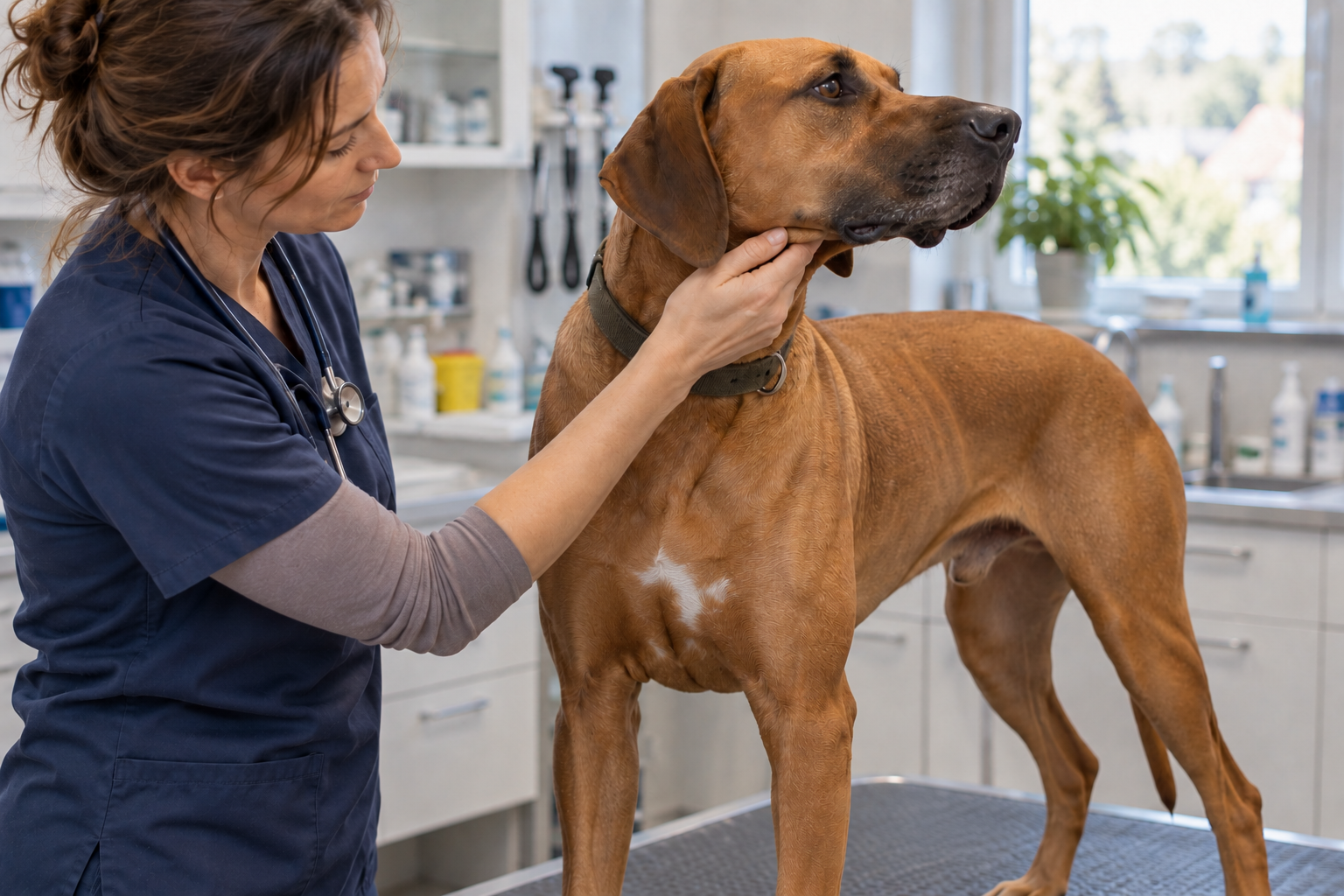Veterinár počas pokojnej konzultácie vyšetruje psa v ambulancii